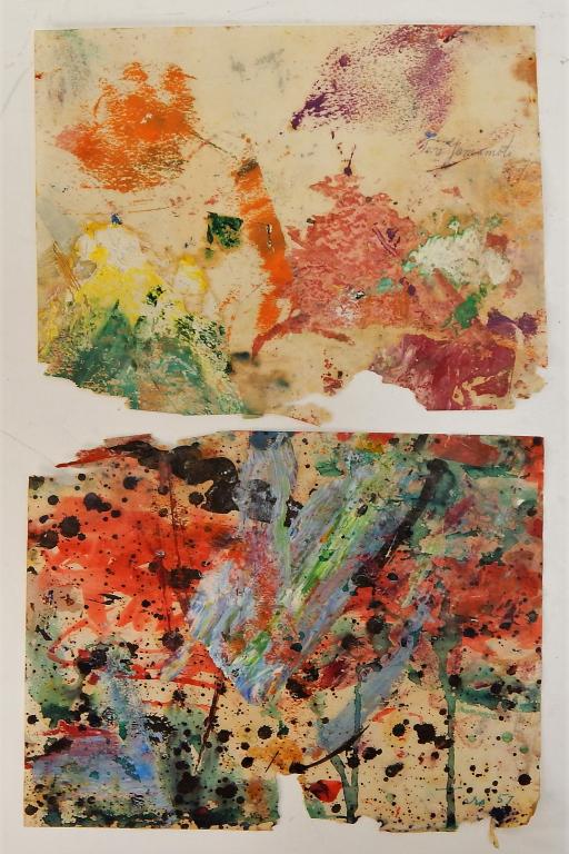 2 Taro Yamamoto Abstract Expressionist Paintings: Taro Yamamoto,California, Connecticut, New York,1919-1994 One profusely painted with splatter and drips of blue, black, green, and red with central variegated and textured stroke of oil paint, other w
