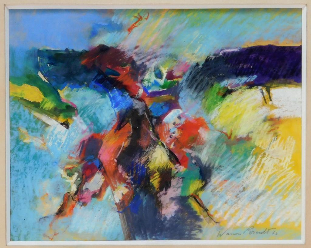 Warren Brandt Expressionist Mixed Media Painting: Warren Brandt,New York, Maryland, North Carolina,1918-2002 Abstract expressionist composition of color creating a sense of motion when viewed. Sight 10" x 13",Frame 21 1/2" x 22 1/2" Signed and dated 