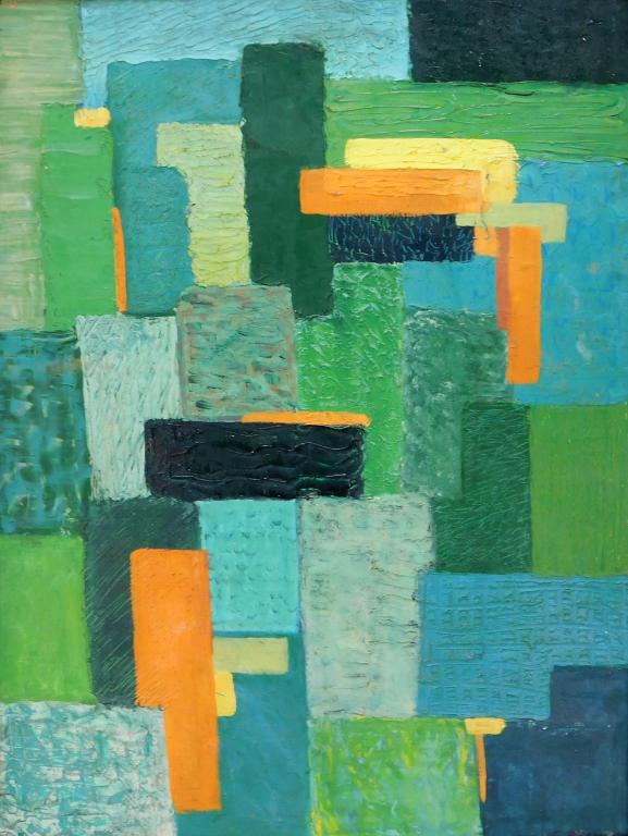 C.1950 American Modern Color Field O/B Painting: ,United States,20th Century Abstract composition of blue, green, orange, and yellow swatches of color, some with textured surface. Board 24" x 18",Frame 31 1/2" x 25 1/2" Signed "S. Pransky" in lower 
