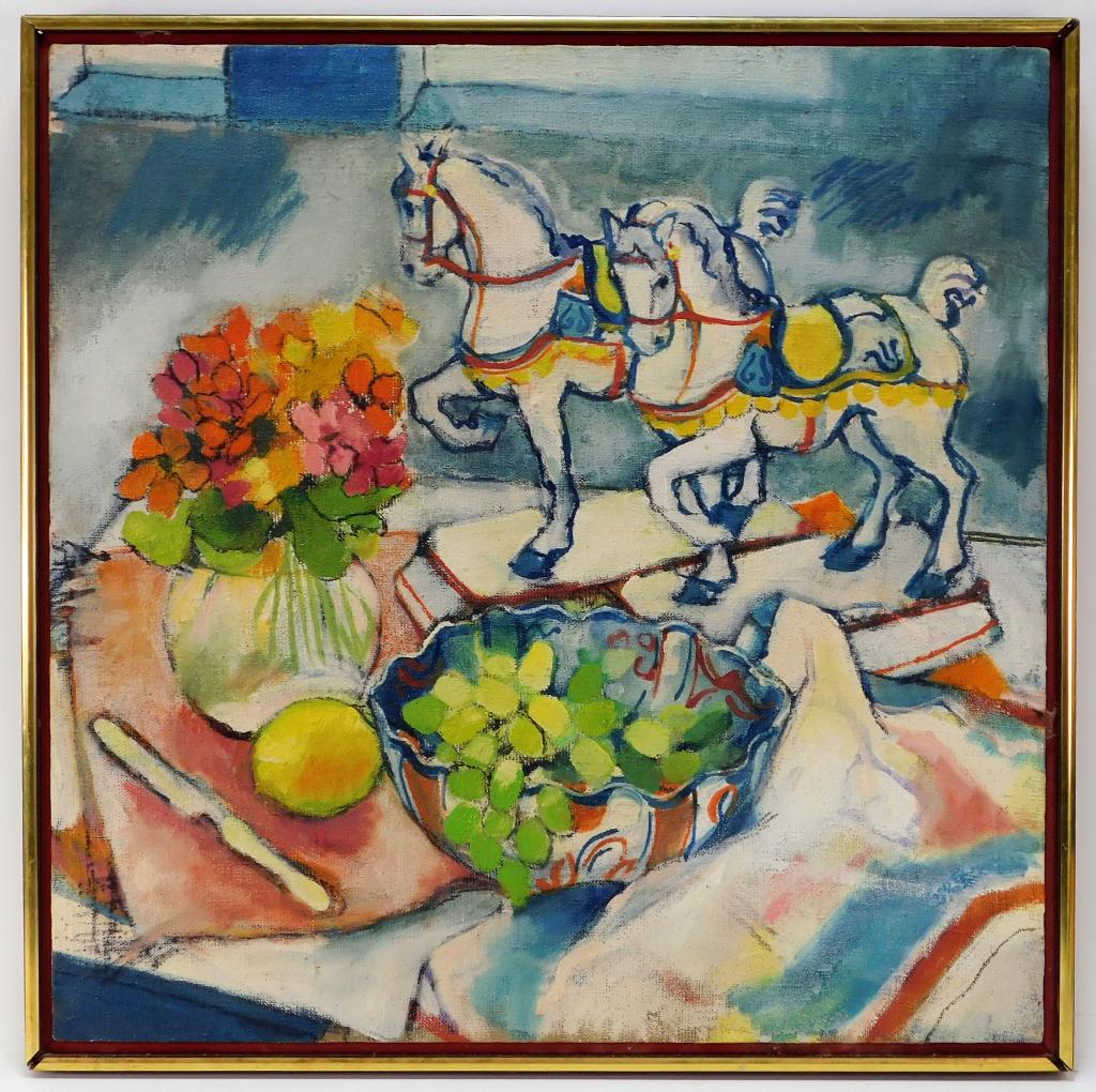 American Modern O/C Table Top Still Life Painting: ,United States,20th Century Modernist work depicting a floral arrangement along side a bowl of grapes, lemon, and knife near two horse figurines on a cloth covered table. Canvas 19 3/4" x 19 3/4",Fram