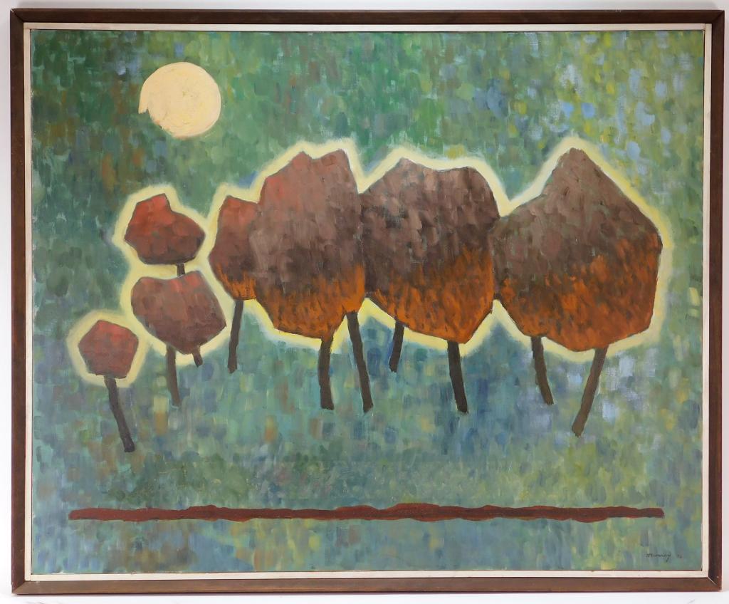 Robinson Murray Modern Nocturnal Forest Painting: Robinson Murray,Massachusetts,1890-1984 Titled "Trees Under Full Moon" depicting an elegantly simple stylized forest with golden aura illuminated by a full moon over a quick stroke variegated green ba