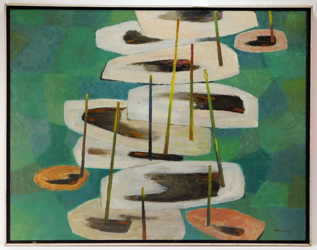 Robinson Murray Modernist Sailboat Painting: Robinson Murray,Massachusetts,1890-1984 Titled "Along the Quay" depicting a row of docked sailboats along Quay road on Great Neck Island, Ipswich, Massachusetts. Murray earned a degree in Studio Art g