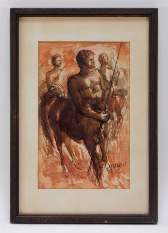 1915 Classical Watercolor Painting of Centaurs: ,United States,Dated 1915 Classical watercolor and pencil figurative study of a group of centaurs each with a spear. Sight size 8 1/2" x 5 1/4",Frame 12 1/2" x 8 1/2"
