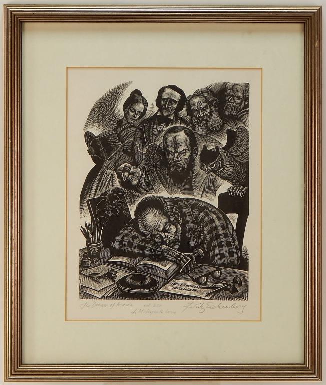 Fritz Eichenberg Dream of Reason Wood Engraving: Fritz Eichenberg,New York, Rhode Island, Germany,1901-1990 The Dream of Reason, from an edition of 200. Sight size 10 1/8" x 8",Frame 15" x 13" Signed "Fritz Eichenberg", titled "The Dream of Reason",