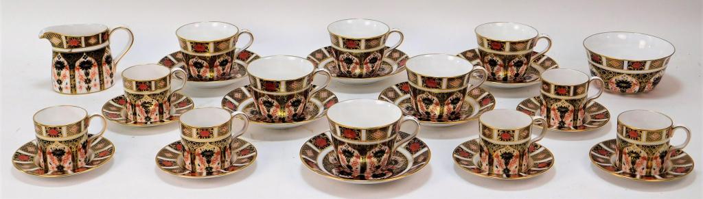 6ea Royal Crown Derby Old Imari Tea Espresso Set: ,England,20th Century Group includes six 2 5/8" tall teacups and 6 3/4" dia. saucers, six 2 9/16" tall espresso cups and 4 1/2" saucers, 3 1/4" tall creamer, and 4 3/4" dia. x 2 3/8" tall open sugar o