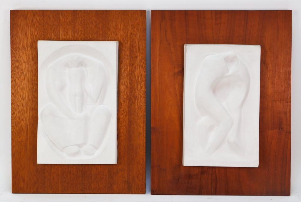PR. George Aarons MCM Plaster Bas Relief Plaques: George Aarons,Gloucester, Massachusetts,1896-1980 Depicts a mother and child, the other an entwined couple. Plaque 10 1/2" x 6 1/2" x 1",Mounted 16" x 12" x 1 1/2" Signed George Aarons lower left and 