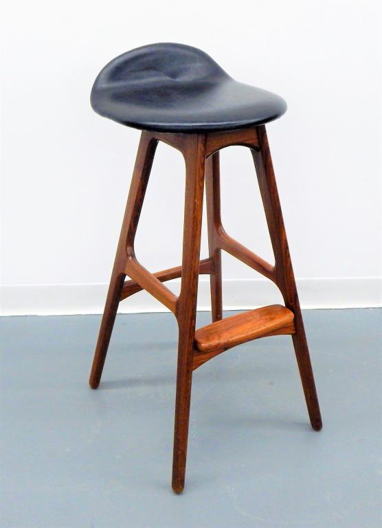 Erik Buch Danish Modern Model 61 Walnut Stool: Erik Buch,Denmark,1923-1982 Finely carved walnut base with simple yet supporting leather seat top. A fine piece of Danish modern design. 33" x 15 1/2" x 17 1/2",