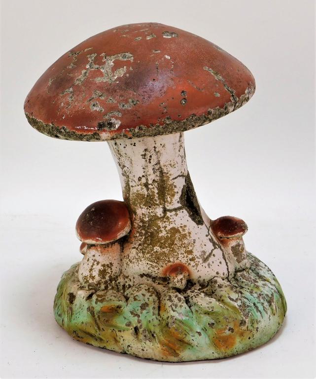 Polychrome Cement Mushroom Yard Garden Ornament: ,United States,Mid 20th Century Cast cement with polychrome decorated weathered surface. 11" tall,