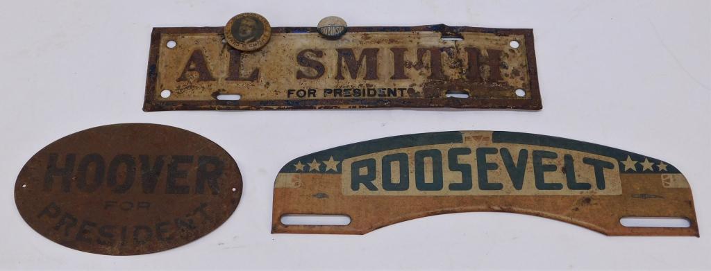 3 Antique Tin Political License Plate Topper: ,United States,Early 20th Century A group of three original tin political presidential advertising automobile license plate toppers including Roosevelt for President, Al Smith for President, and Hoove