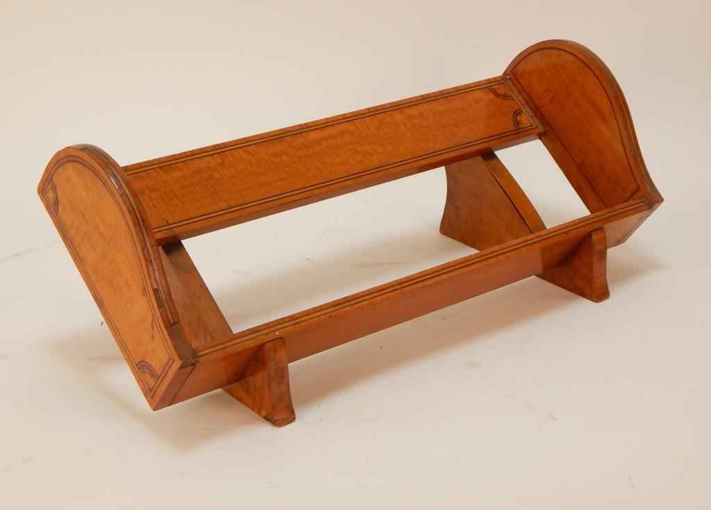 19C European Biedermeier Book Stand Shelf: ,Europe,19th Century Fine biedermeier veneer decorated with string and stylized flower petal corner inlay. 6 1/8" x 15 7/8" x 6 1/2" deep at base,Shelf 5 3/4" tall