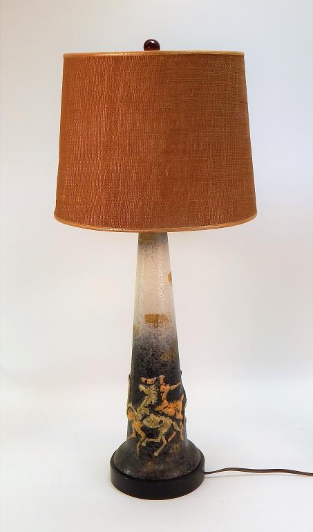Vintage 1960's Jockey Horse Racing Pottery Lamp: ,United States,C.1960's Conical pottery form with jockeys on horses and scrottled finish to design with burlap shade. Pottery 20",Overall 32" Signed TY on base Signed TY on base