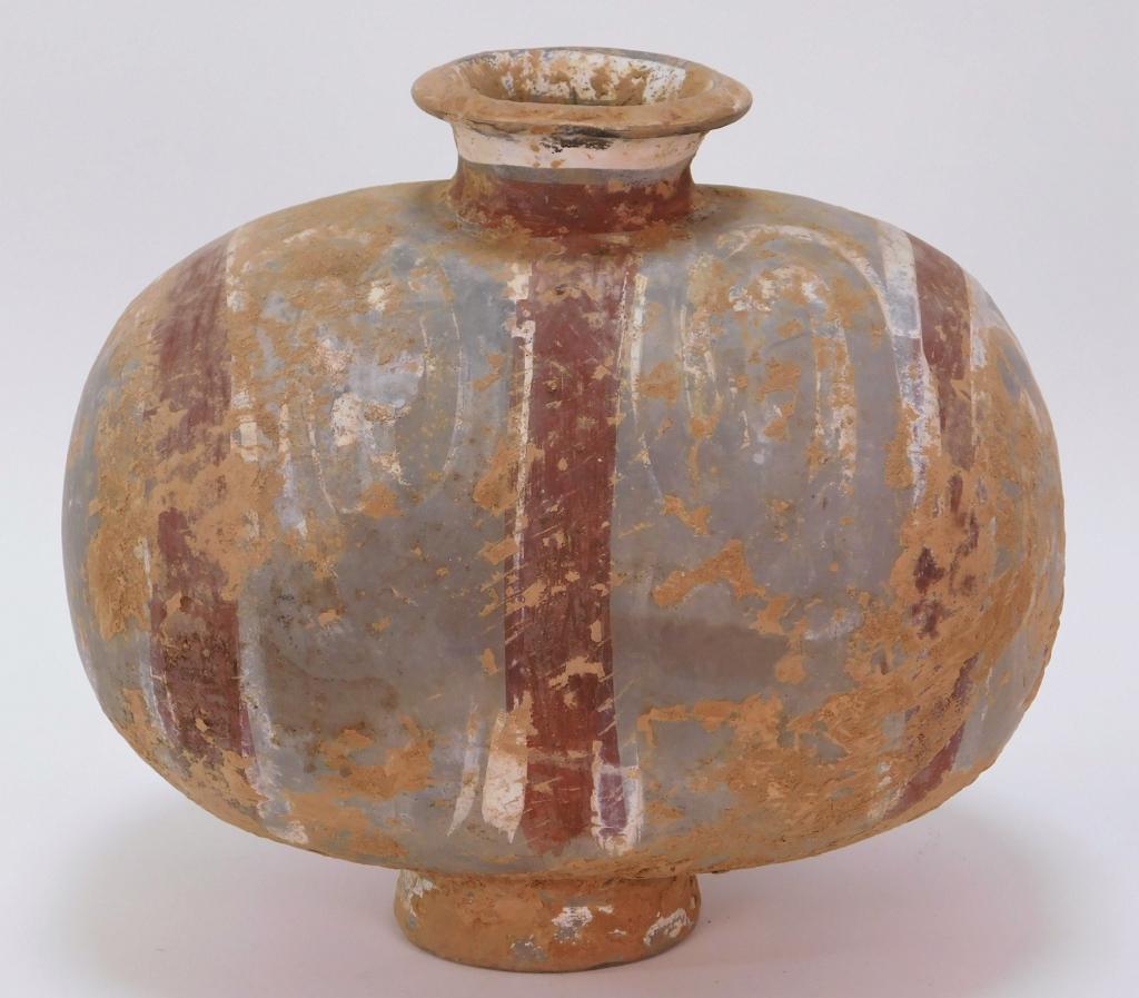 Ancient Chinese Han Dynasty Cocoon Vase: ,China,Han dynasty Oval shaped with hand painted red and white geometric design with wide open mouth and circular foot. 10" x 6 1/2" x 9",