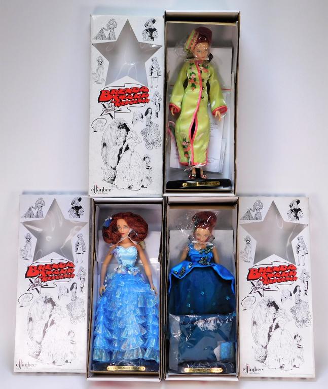 3 Effanbee Brenda Starr Reporter Dolls: China,Modern Includes Mandarin Mystery Doll, Teal Belle of the Ball, and a Mermaid Doll with original clothes, shoes, accessories, and paperwork. Vinyl,15" long