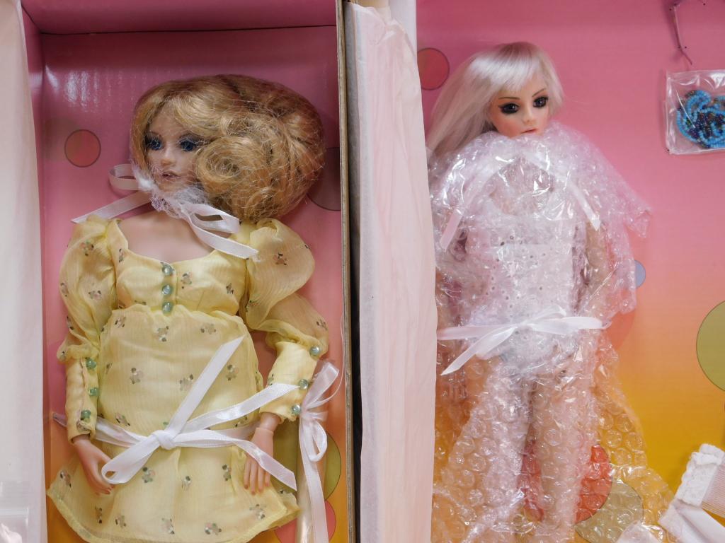 2 S and F London Doug James Violet and Gabby Dolls: China,Modern Two vinyl dolls with original clothes, shoes, accessories, and paperwork still sealed in original envelopes. Vinyl,15" long