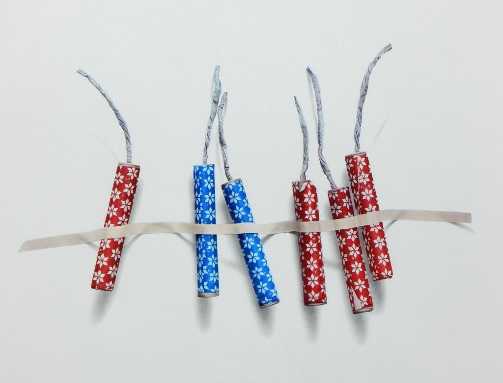 Alan Magee Firecrackers Still Life Lithograph: Alan Magee,Maine, Pennsylvania,b.1947 Hyper realistic set of six red and blue firecrackers taped to a wall. Magee studied at Bucks County Community College, the Tyler School of Art in Philadelphia, an