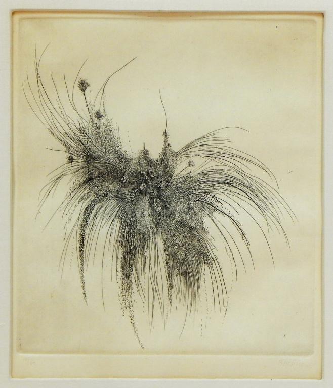 Leonard Baskin Modern Botanical Foliate Etching: Leonard Baskin,Massachusetts, New York,1922-2000 Depicts a lavish floral arrangement with wild foliage and dainty flowers.Impression area 8 3/4" x 7 3/4",Frame 17" x 15 1/4",Etching on paperSigned "Ba