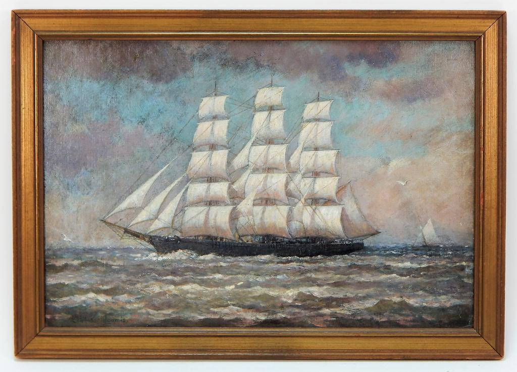 Charles Russell Loomis Impressionist Boat Painting: Charles Russell Loomis,New Jersey, Connecticut, Pennsylvania,1857-1936 Depicts a large ship at full sail cutting through the waves with a blue-pink sky in the background. Board 11 1/2" x 17",Frame 13 