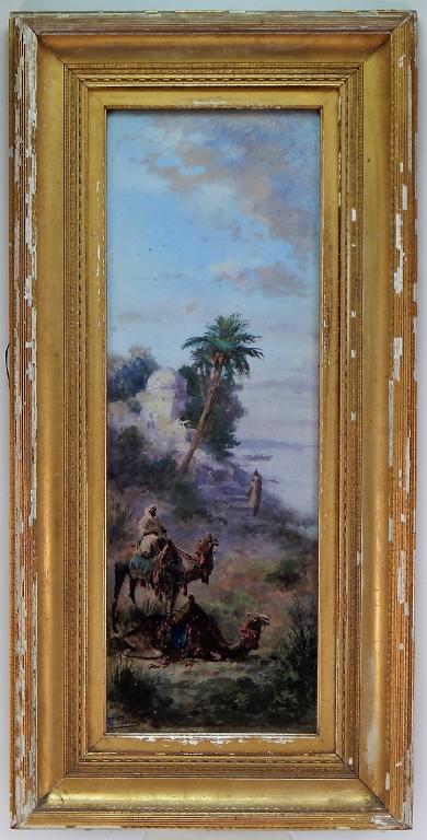 Paul Pascal Orientalist Middle East Genre Painting: Paul Pascal,France,1867-1945 Romantic depiction of the Middle East with camels and people surrounded by palm trees along a coastline.Sight 25 3/4" x 8 3/4",Frame 33 3/4" x 16 3/4",Watercolor on paperS