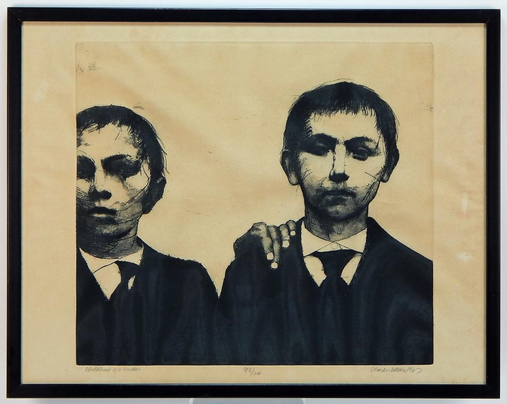 European Expressionist School Boys Etching: ,Europe,20th Century Depicts two young boys dressed in uniforms staring expressionlessly towards the viewer. The print exhibits influence from the work of Kathe Kollwitz (1867-1945). Impression area 1