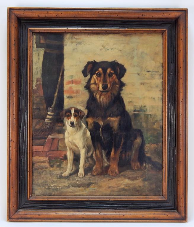 FINE 19C American School Dog Portrait Painting: ,United States,Late 19th Century Naturalist depiction of two dogs posing in front of a brick building with entryway in the background. The painting exhibits influence from the work of John Henry Dolph