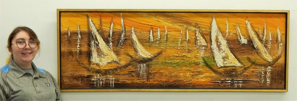 Van Hoople Modernist Boat Texture Painting: Van Hoople,California, Chicago, Texas,b.1934 Abstract expressionist depiction of sail boats in a mottled green-orange color palette with heavy impasto surface. Board 19 1/4" x 57 1/2",Frame 21 1/4" x 