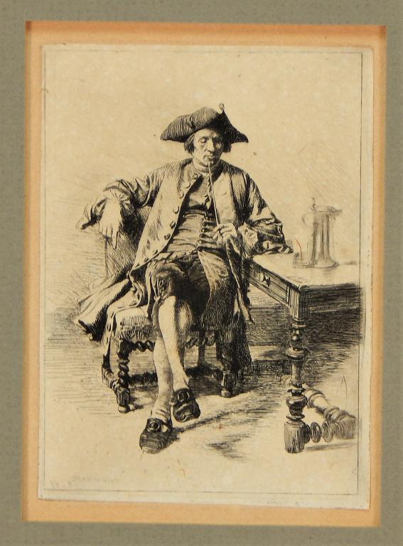 Ernest Meissonier Le Grand Fumeur Etching: Jean Louis Ernest Meissonier,France, Italy,1815-1891 Naturalistic depiction of a seated gentleman in a tricorn hat smoking. Impression area 3 1/2" x 2 1/2",Frame 11" x 9 3/4",Etching on paper Signed a