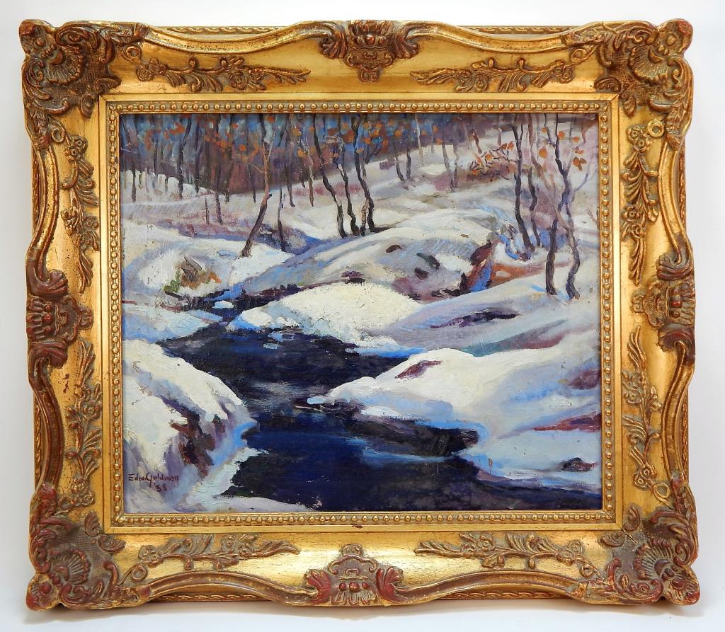 Edward Goldman Winter Landscape Painting: Edward Goldman,,1916-2006 Post impressionist landscape depicting freshly fallen snow over a small brook, autumn leaves still clinging to the branches.Canvas 20" x 24",Frame 28" x 31 3/4",Oil on canvas