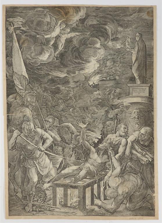 Cornelis Cort Martyrdom of St. Lawrence Engraving: Cornelis Cort,Netherlands,1533-1578 Depicts St. Lawrence being tortured under Roman Emperor Valerians's rule while the scene around him falls to turmoil, created after Titian's Martyrdom of St. Lawren