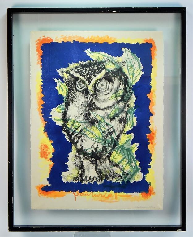 Jean Lurcat Hand Tinted Modernist Owl Lithograph: Jean Lurcat,New York, France,1892-1966 Depicts an expressionist owl hidden in leaves surrounded by vivid blue, yellow, and orange colors.Image 27 1/4" x 19 1/4",Frame 37 1/2" x 29 3/4",LithographSigne