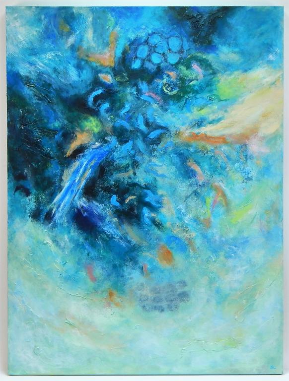 Sharon Lieberwirth Abstract Expressionist Painting: Sharon Lieberwirth,Massachusetts,Contemporary Abstracted forms of yellow, green, and orange mottled together over a rich blue background. Canvas 40" x 30",,Oil on canvas Signed "SL" lower right corner