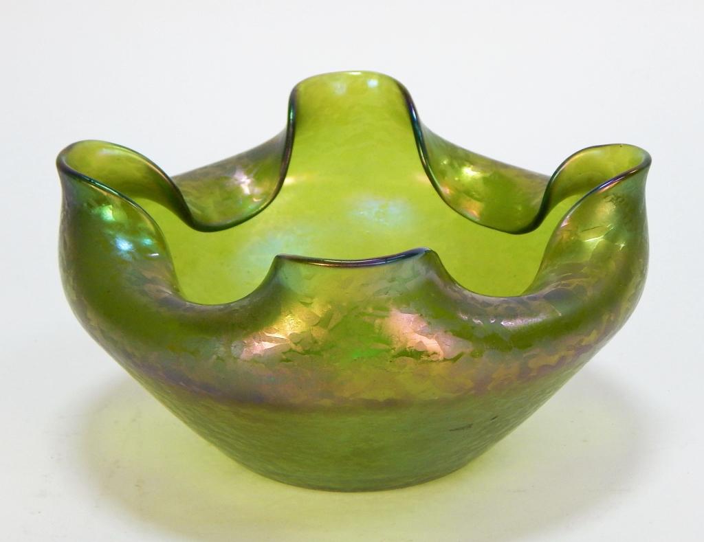 Attr. Loetz Iridescent Art Glass Bowl: ,Bohemia,20th Century Ruffled rim bowl in green Papillon pattern. 3 1/2" x 7" dia.,,Glass From the collection of a Warwick, Rhode Island gentleman.