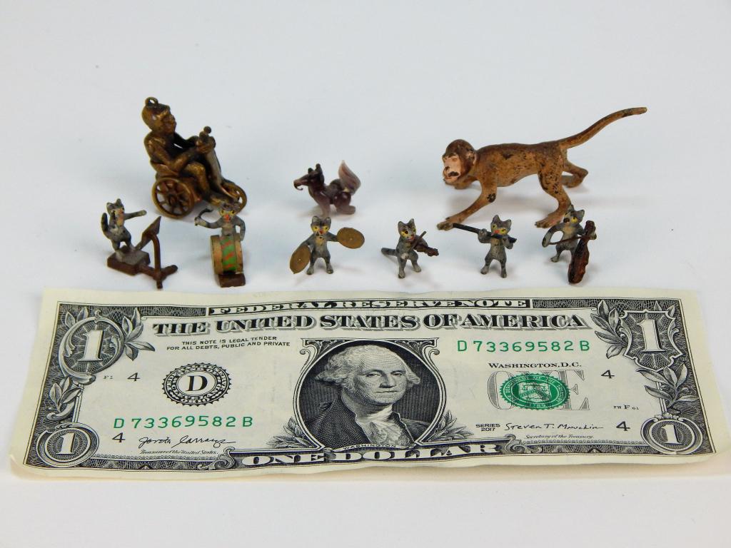 19C Vienna Austrian Bronze Animal Cat Dog Group: ,Austria,19th Century Includes a miniature monkey, miniature monkey pull toy, a cat band consisting of six cats playing various instruments, and a miniature brown Bimini glass dog.Smallest 3 1/4" t,La