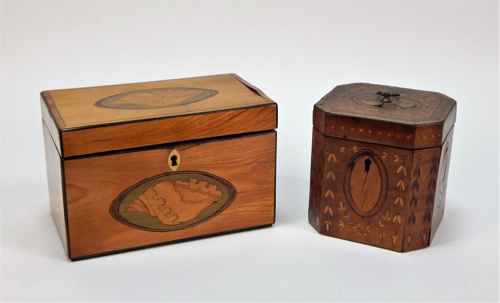 2 Antique Georgian Inlaid Tea Caddies: ,England,18th-19th Century Includes a rectangular caddy with shell patterned inlays on lid and front of box opening to two compartments and an octagonal box with leaf, checker, and oval inlays opening