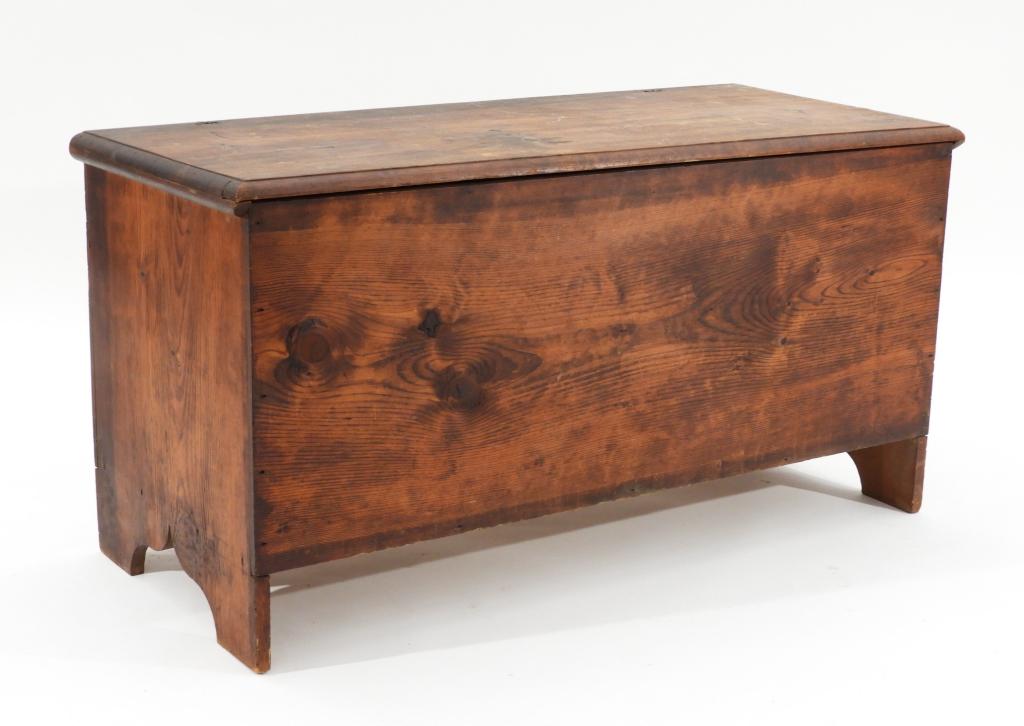 Dated 1781 American Confederation Blanket Chest: ,United States,Dated 1781 Confederation period six board construction chest with bootjack ends and snipe hinges. Chest retains it's original stained finish identical in color to the signature on back,