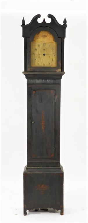 EARLY Seth Thomas Tole Painted Tall Case Clock: ,Connecticut,Early 19th Century Wooden work movement with Arabic numeral paint decorated dial with spider web corners within a tole decorated case. 92" x 18" x 10",,Wood Signed on dial "S. Thomas Plym