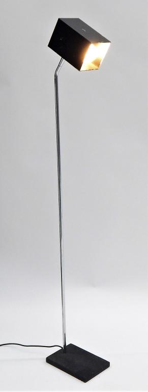 Robert Sonneman MCM Floor Lamp: Robert Sonneman,New York,Modern Rectangular metal shade supported by thin column over rectangular base.49" t x 5 1/2" w x 8" d,,Aluminum, steelFrom the collection of a Providence, Rhode Island gentlem