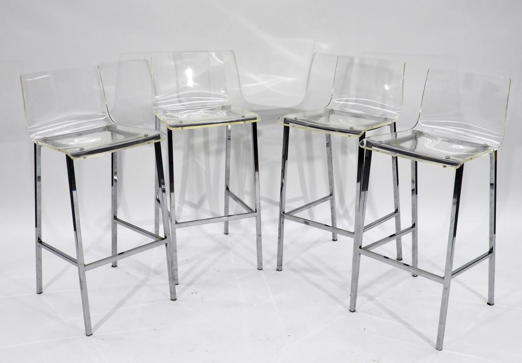 Contemporary Vapor Bent Acrylic Chrome Bar Stools: ,,Contemporary Vapor style barstools with bent acrylic seat over a simplistic tubular chrome base.39" tall x 17" wide x 17" deep,29" seat height,Acrylic, metalFrom the collection of a Providence, Rhod