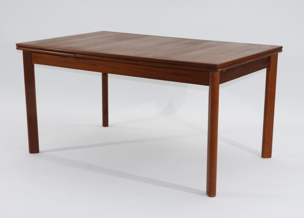 Danish MCM Modern Teak Refectory Dinning Table: ,Denmark,20th Century Rectangular top over four simple legs with recessed leaves. 58" x 35 1/2" x 29" tall,20" leaf,Teak