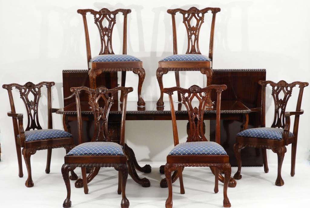 American Mahogany Chippendale Dinning Room Set: ,United States,Late 20th Century Chippendale high style with gadroon border top over a two pedestal ball and claw base heavily carved with acanthus leaves and shell motif throughout, accompanied with 