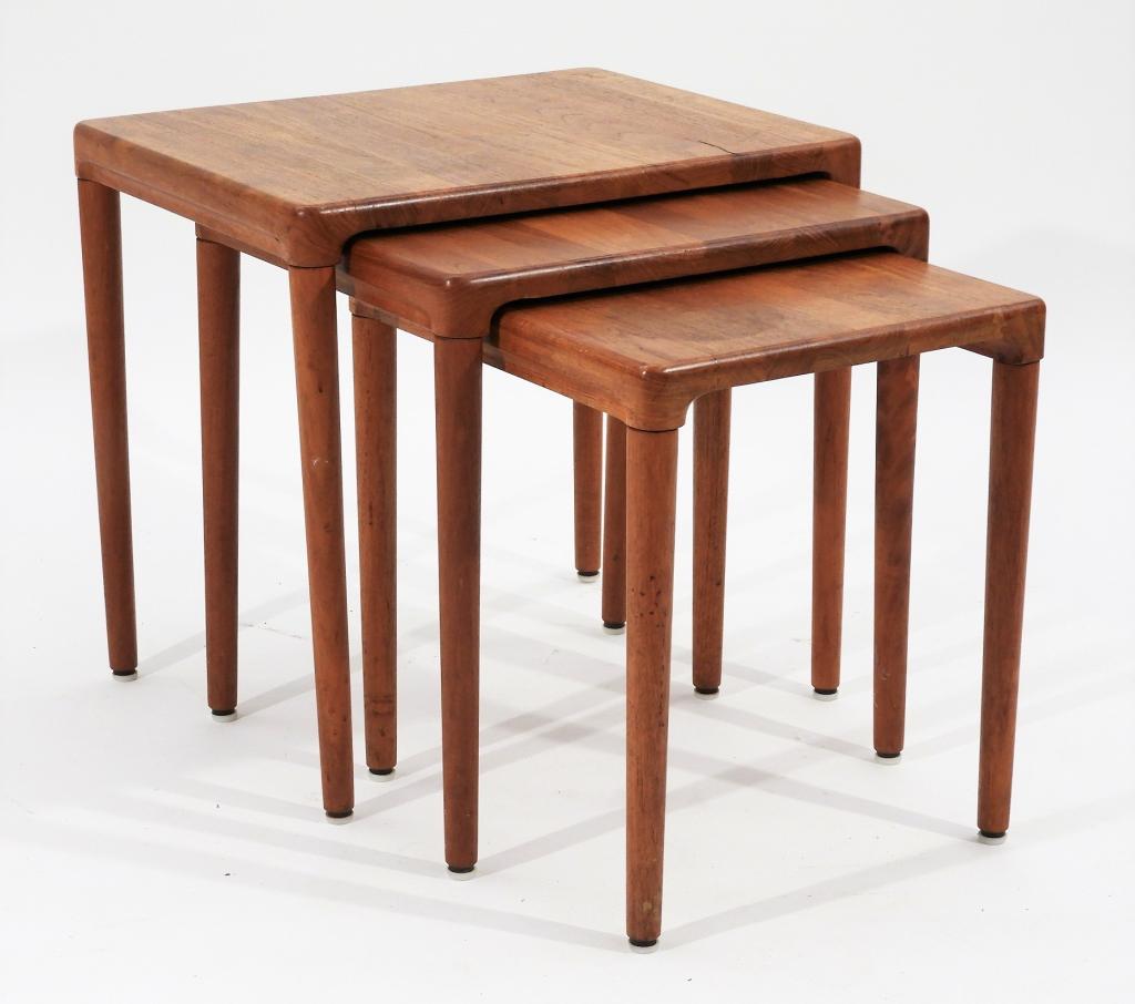 3PC Danish MCM Modern Teak Wood Nesting Tables: ,Denmark,Circa 1960 Simple minimalist form with filleted edges. Largest 20" x 16" x 19",,Teak From the collection of a Medfield, Massachusetts gentleman.