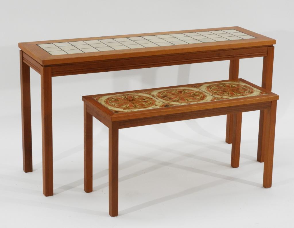 2 Danish MCM Modern Nesting Tile Top Console Table: ,Denmark,20th Century Larger table with taupe 3" x 3" tiles, smaller with large stylized floral tiles, able to nest with simple square form frame. Larger 46 1/2" x 14" x 25",Smaller 32 1/2" x 13" x 17