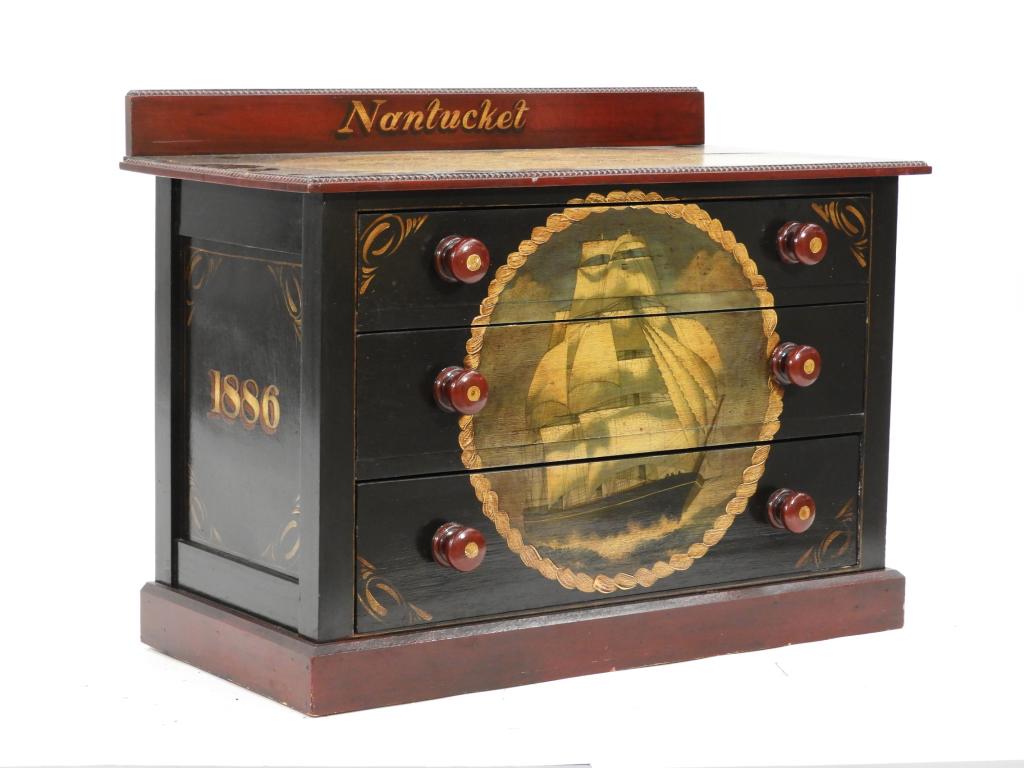 American Paint Decorated Nantucket Maritime Chest: ,United States,Contemporary Antique three drawer chest with contemporary paint decoration of a sailing vessel within a rope frame and "Nantucket" on backsplash. 36" x 18 1/2" x 27 1/2" tall,,Wood From