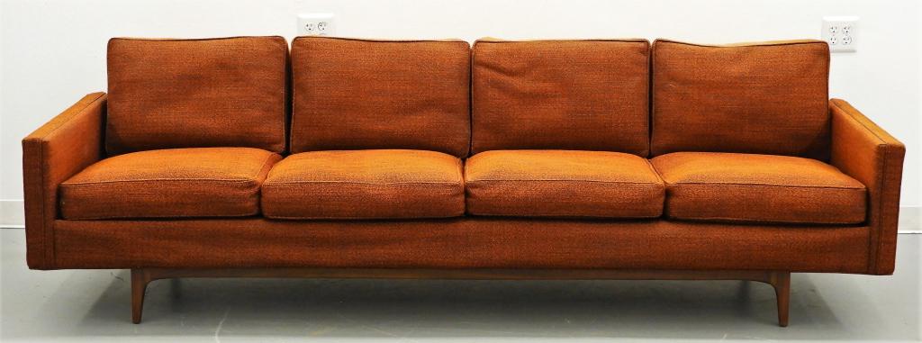 Milo Baughman Thayer Coggin Walnut Couch Sofa: Milo Baughman,United States,1923-2003 Orange-red tweed fabric supported on a simple walnut base.98" x 32" x 27" tall,,WalnutRetains original Milo Baughman for Thayer Coggin tag on base material.