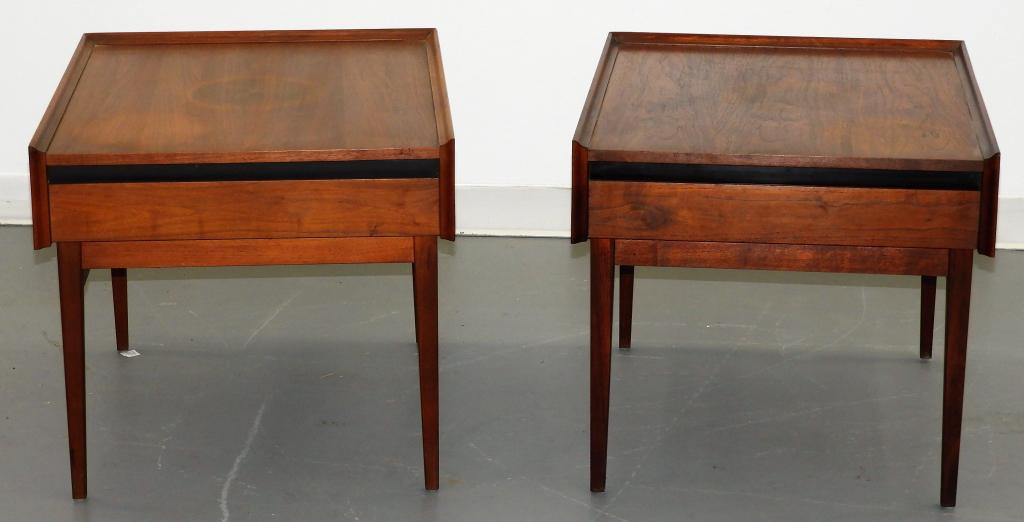 PR Dillingham MCM Modern Walnut End Tables: ,United States,Circa 1965 Matching pair with beveled edge top over one recessed drawer supported by a simple modernist base. 26" x 22" x 21" tall,,Walnut Residual sticker glue from label in drawer, in