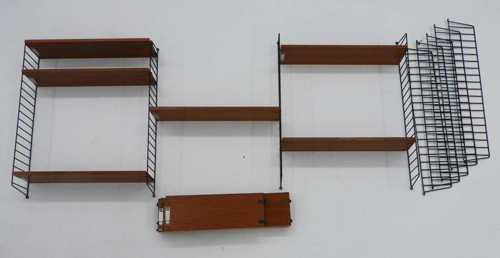 Vintage Swedish String Wall Shelving Unit: ,Sweden,C.1960 Each wire upright attaches to wall, each shelf with rigid u hook to one side and hinged hook on other for easy maneuverability. 9 wire uprights 40",10 Shelves 30 1/2", 2 at 22 3/4" x 8"