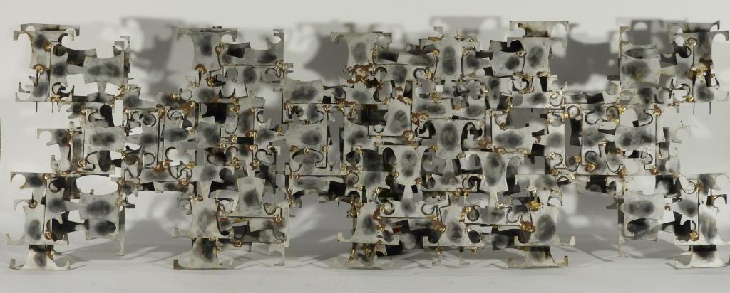 LG Marc Weinstein Marc Creates Esperanto Sculpture: Marc Weinstein,United States,20th Century Large layered and welded assemblage of metal cut outs.48" x 17" x 5 1/2" deep,,MetalVerso retains original "Marc Creates" foil label on verso.From the collect