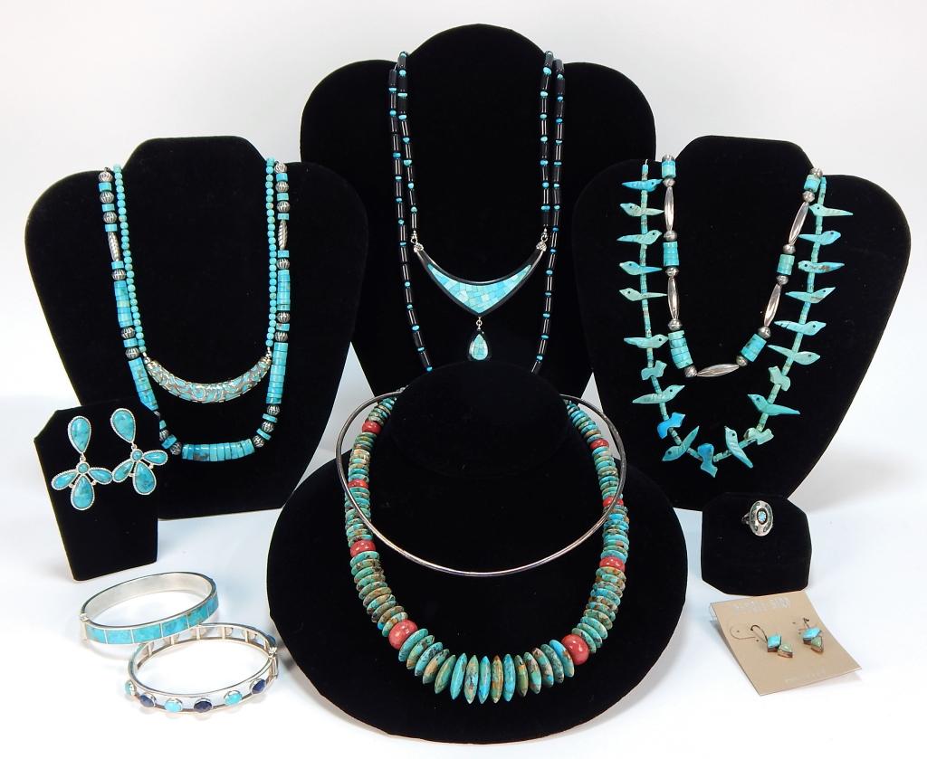 13PC Native American Style Turquoise Jewelry Group: ,United States,20th Century Includes two turquoise and silver bracelets, two turquoise and black bead necklaces, two silver necklaces with turquoise beads, one figural bird bead necklace, one necklace