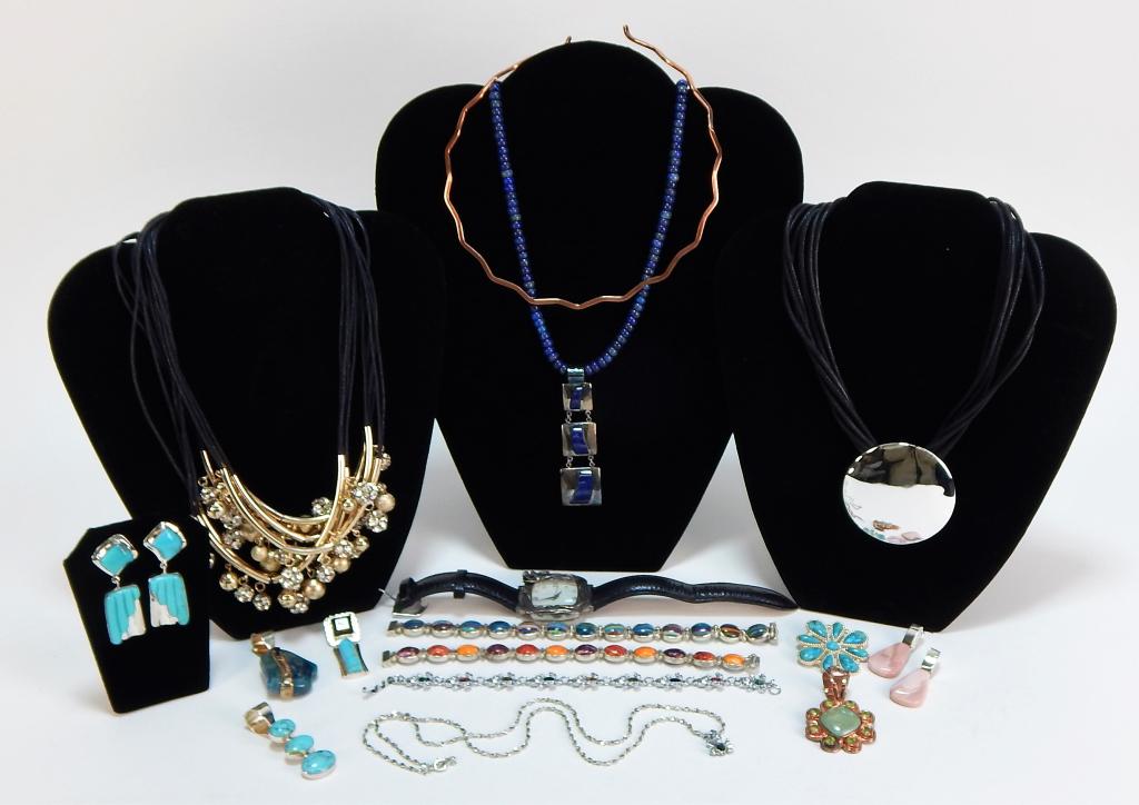16PC Native American Style Turquoise Jewelry Group: ,United States,20th Century Includes a flower shaped turquoise pendant, a lapis necklace with deco style pendant, a turquoise bracelet, a blue spinel bracelet, a three oval drop pendant, a turquoise s