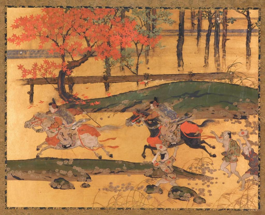 Japanese Meiji Samurai Warrior Horse Painting: ,Japan,Meiji period Painting on paper with gilt background of Samurai warriors on horseback in wooded landscape. Painting 13" x 16",Overall 24 1/2" x 22 1/2",Paper, silk, paint, wood From the estate o