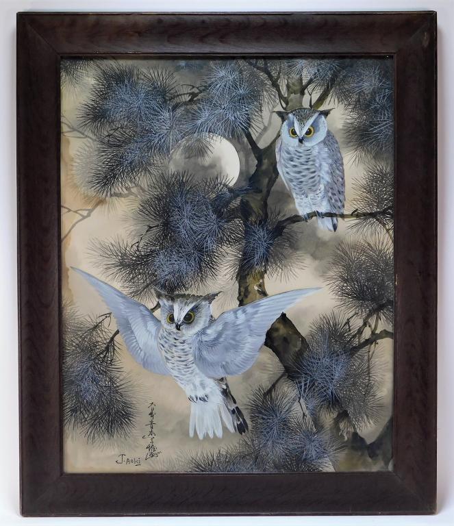 Toshio Aoki Japanese Nocturnal Moon Owl Painting: Toshio Aoki,California, Japan,1854-1912 Finely painted depicting two Northern spotted owls within a pine tree illuminated by a full moon. Aoki was known for bringing Japanese style to Western subjects